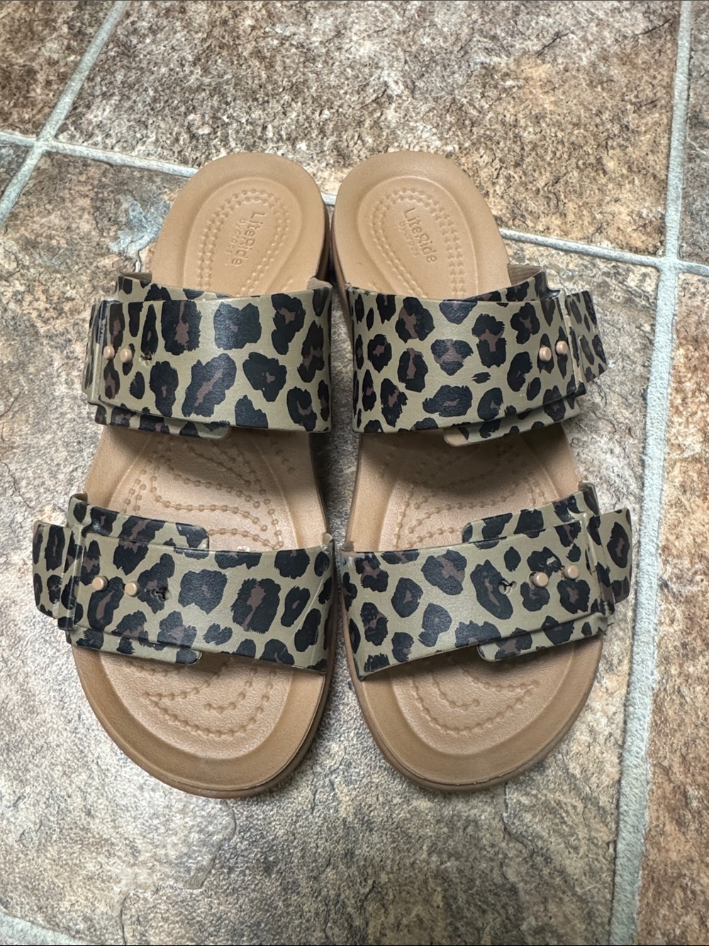 CROCS Kids Leopard Print Sandals in Tan and Black